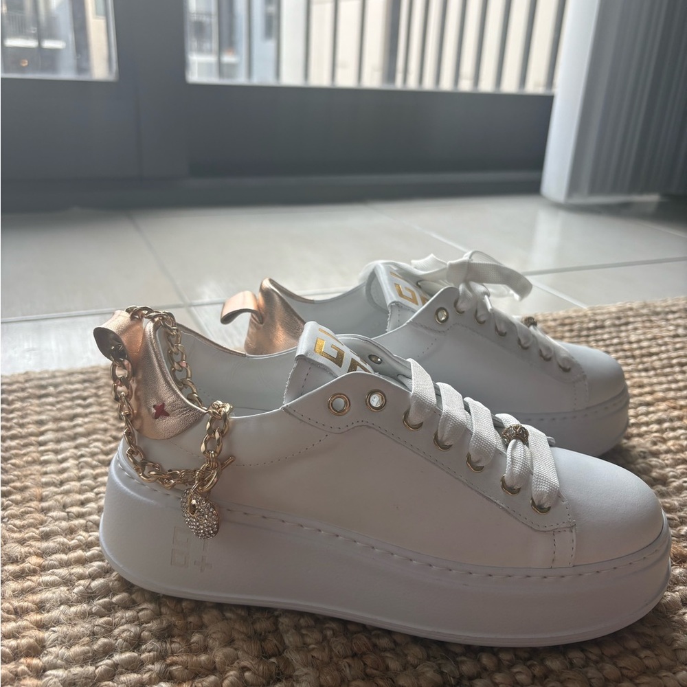 Chic White Platform Sneakers with Gold and Copper Accents from Italy